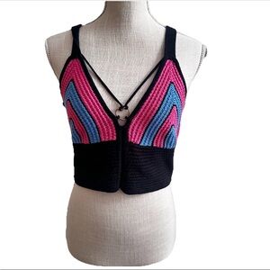 Madden NYC Crochet Crop Tank Top L Black Pink Blue Heart Charm Festival Rave